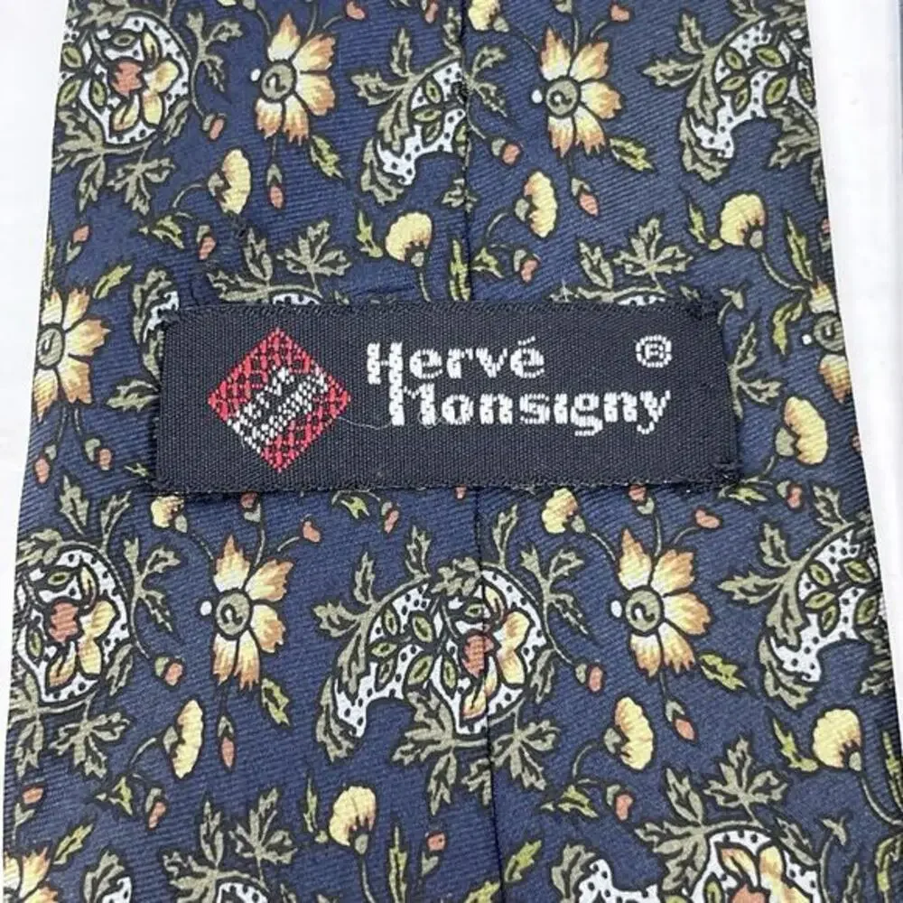 Vintage Herve Monsigny 100% Silk‎ Tie Blue Yellow Floral Print Designer Necktie